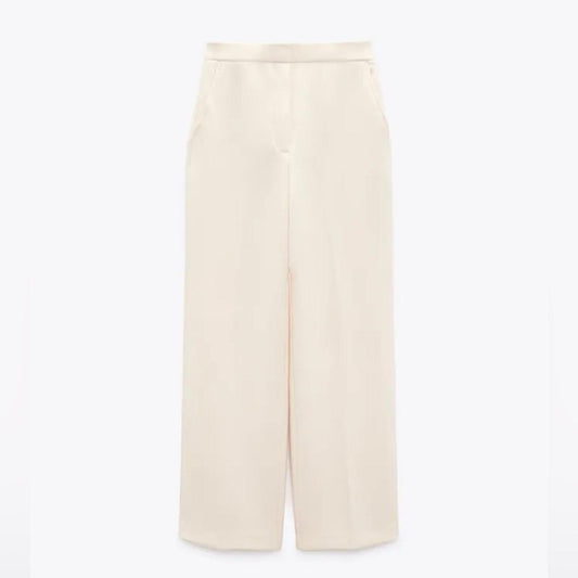 ZARA High-Waisted Wide Leg Pants, Cream White Size XL New w/Tag $89.90