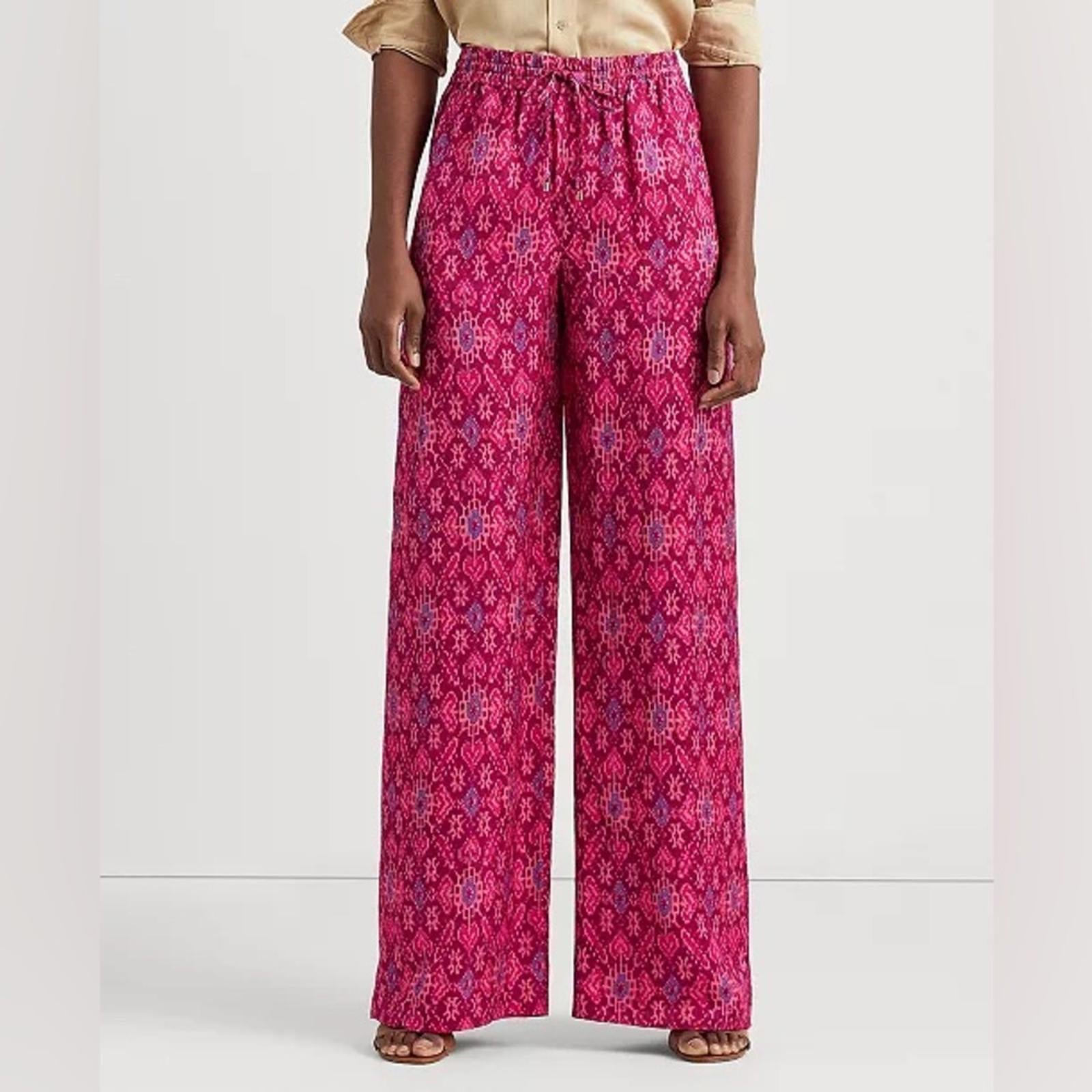 Lauren Ralph Lauren Geo-Print Satin Shantung Wide-Leg Pants, NWT, Size XL
