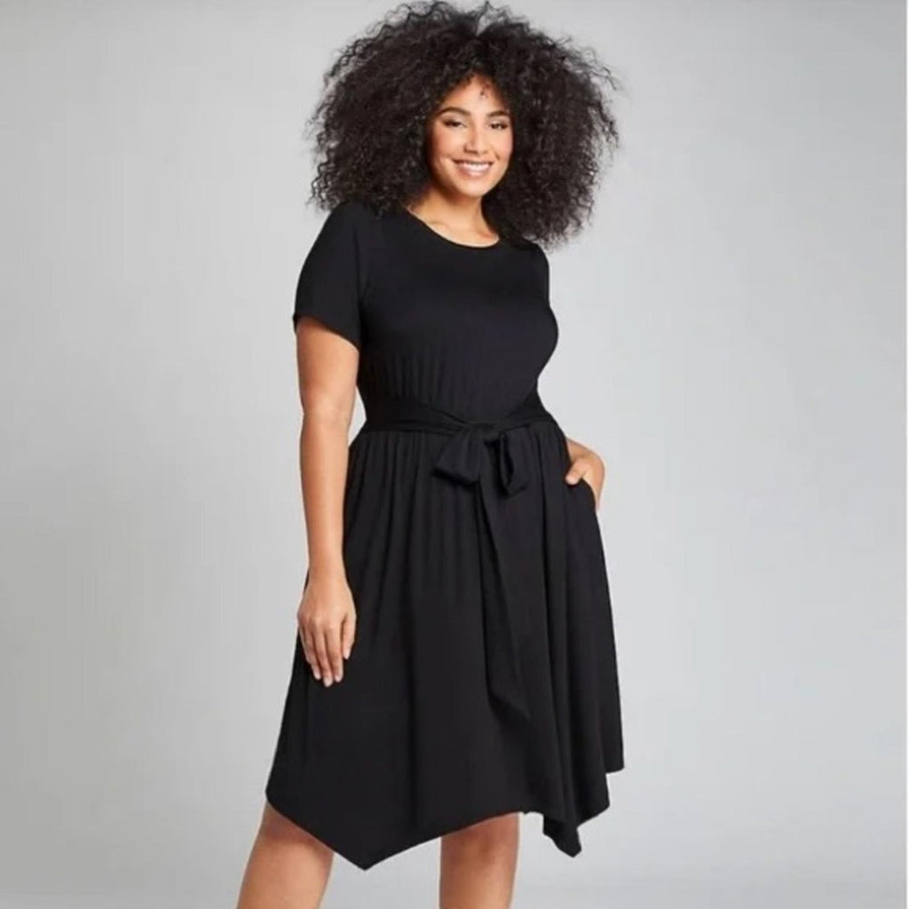 Lane Bryant Asymmetric Belted Midi Dress in Black, NWT, Size 14/16