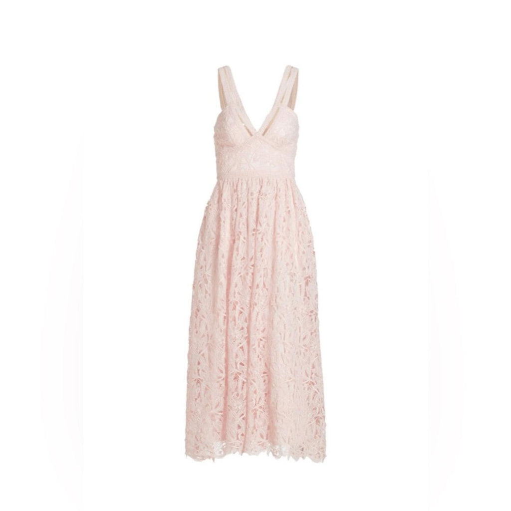 ML Monique Lhuillier Lace Halter Midi Dress in Rose Quartz NWT, Size 10