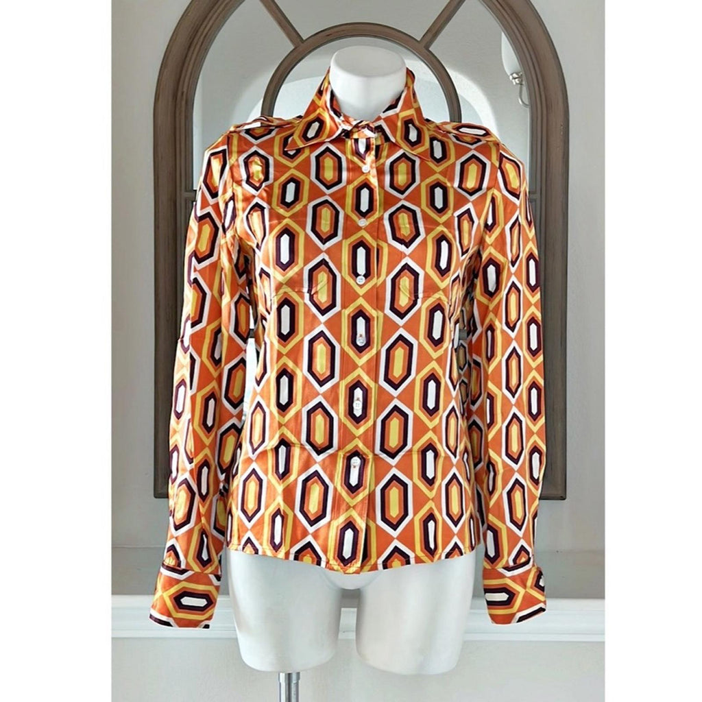 Tory Burch Silk Button Up Shirt in Orange Multi Size 6 EXCELLENT!