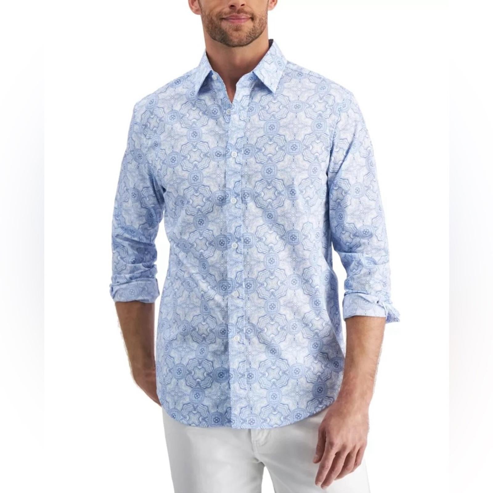 Club Room Stretch Medallion Print Button Up Dress Shirt in Blue Size M New w/Tag