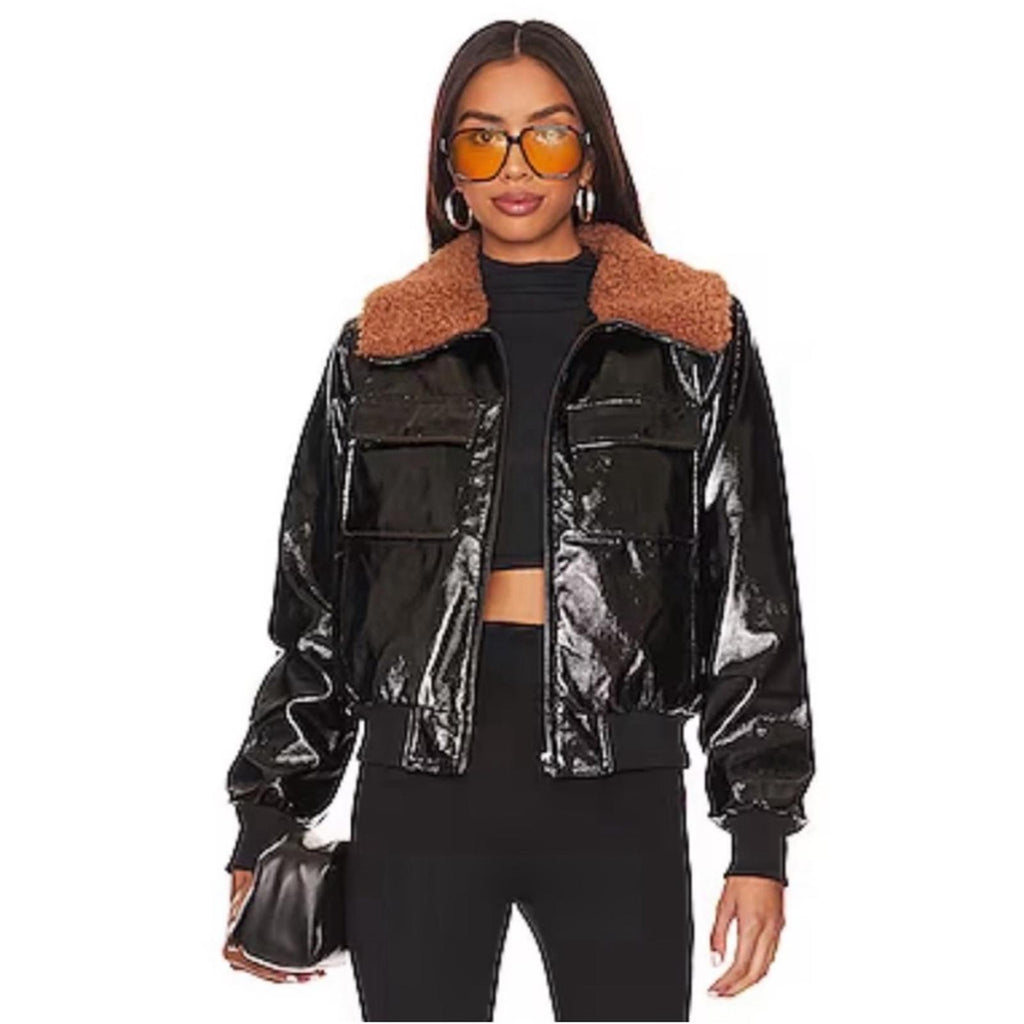 MOTHER Pilot Faux Patent Leather Jacket in Black, Size XL New w/Tag $395