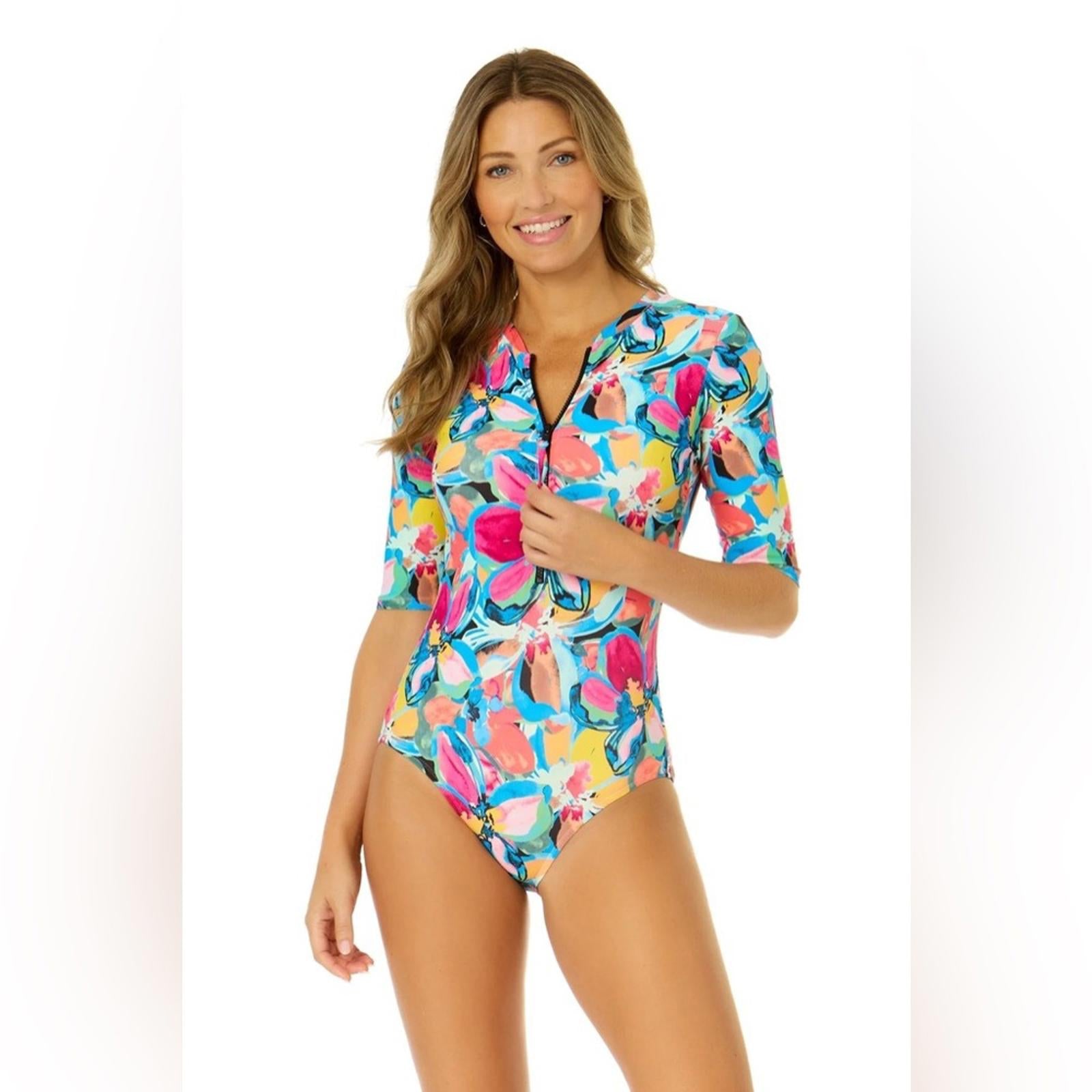 Anne Cole Amalfi Floral Half Zip Front Rash Guard One Piece Swimsuit Size 16 NWT