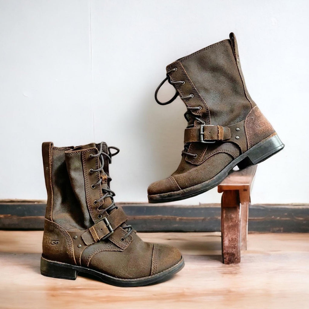 UGG Australia Marela Dark Lace-Up Leather Booties in Chestnut Brown, Size 7