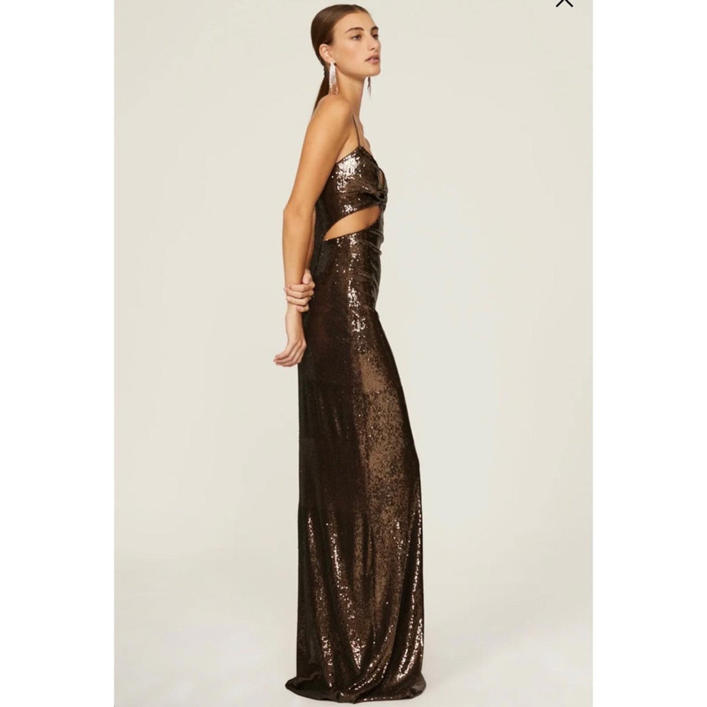 Halston Chloe Cutout Sequined Tulle Gown, Brown Size 4 New w/Tag Retail $595