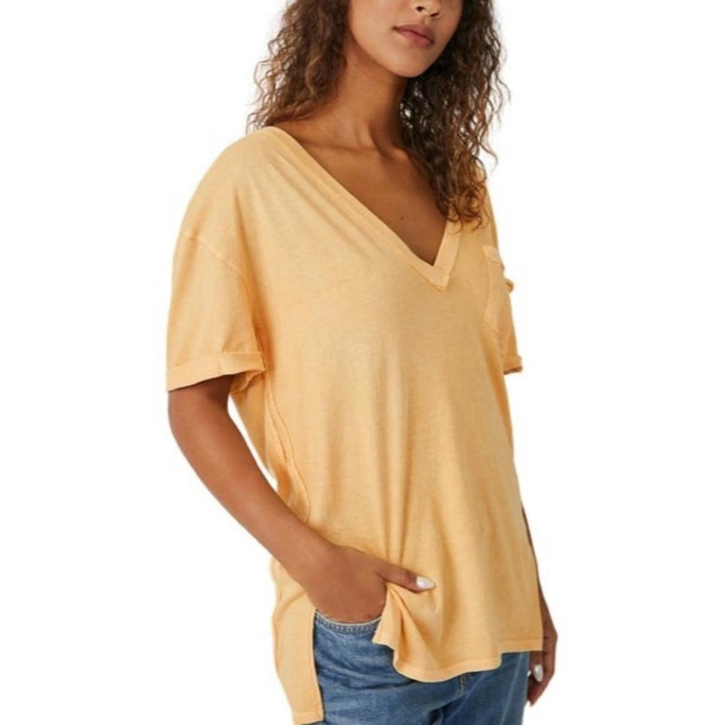 NWT Free People Keep Me V-Neck Cotton T-Shirt, Peach Sunrise Size XS New w/Tag