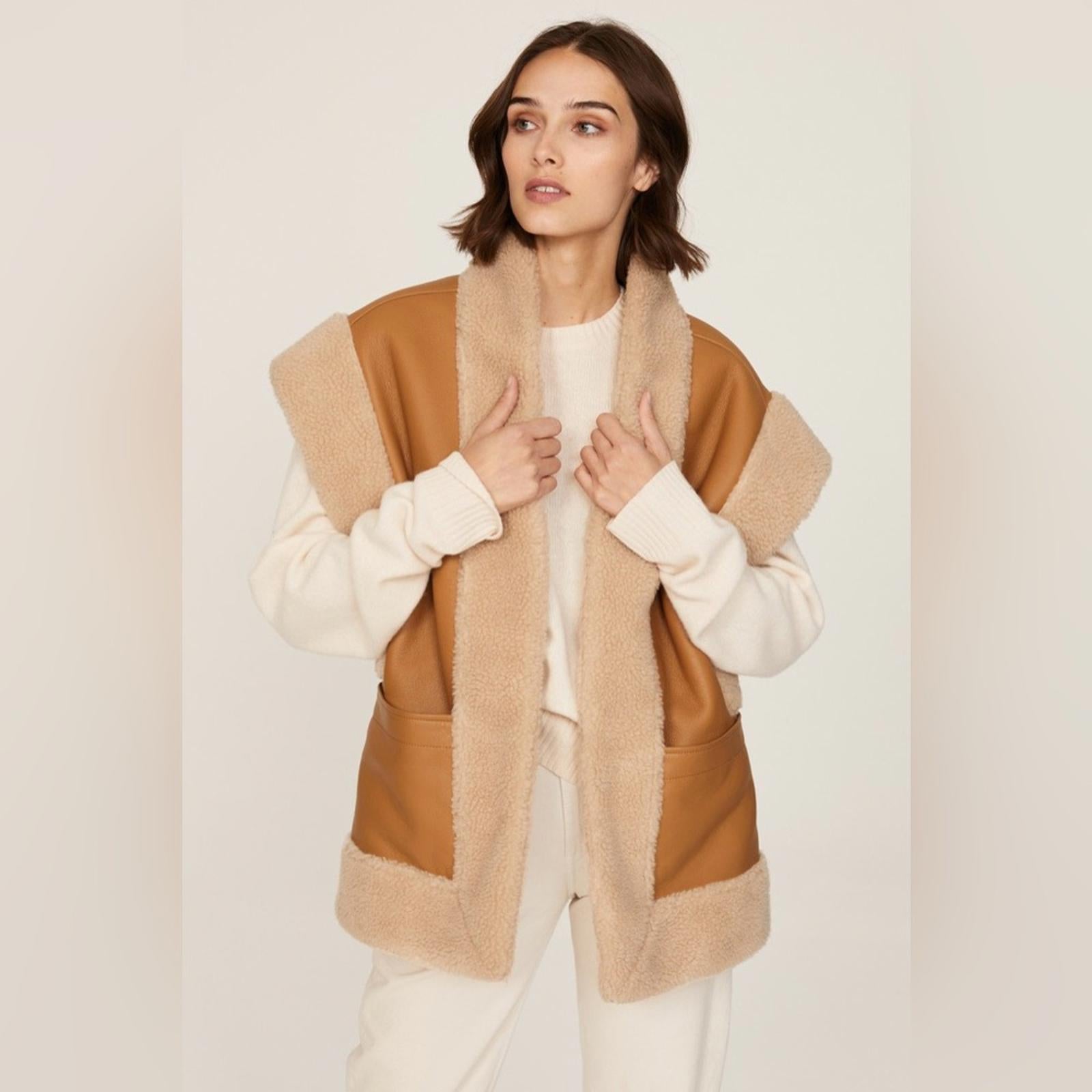 A.L.C. Sutton Faux Shearling Vest in Tan/Cream, Size XL NEW w/Tag