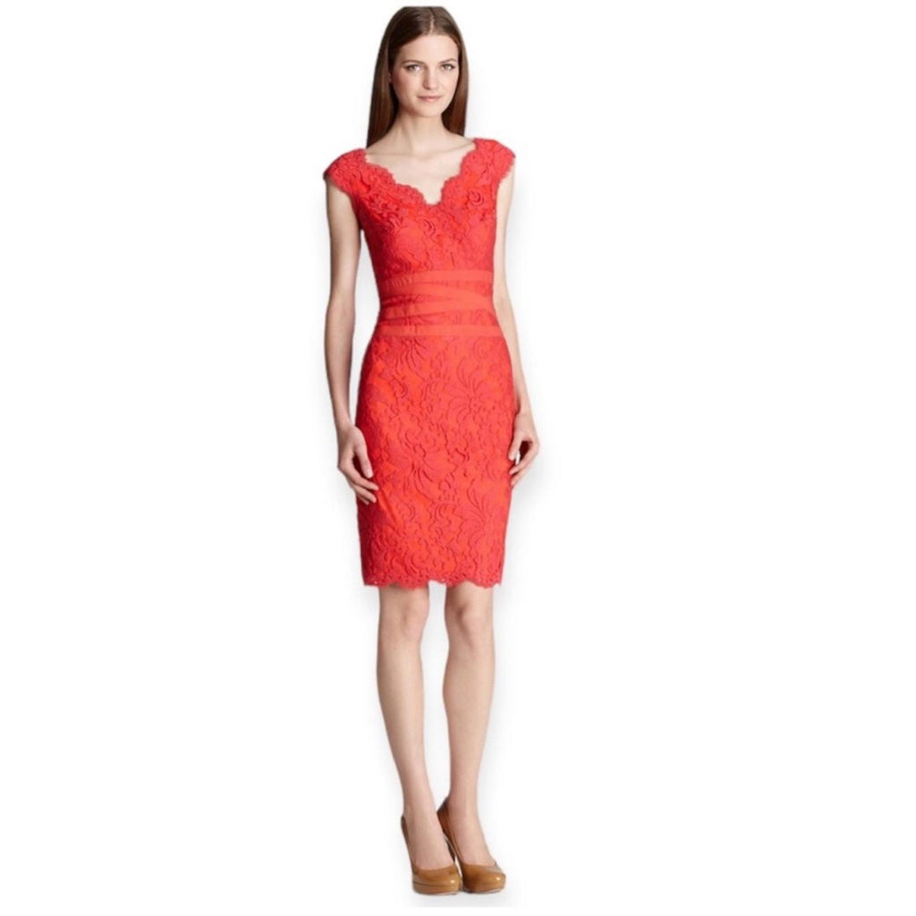 Tadashi Shoji Petite Caria Embroidered Lace Dress in Red, Size 6P Retail $368