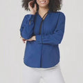 Elizabeth&Clarke NAVY Button-Front Tie Collar Top with StainTech Size 18W NWT