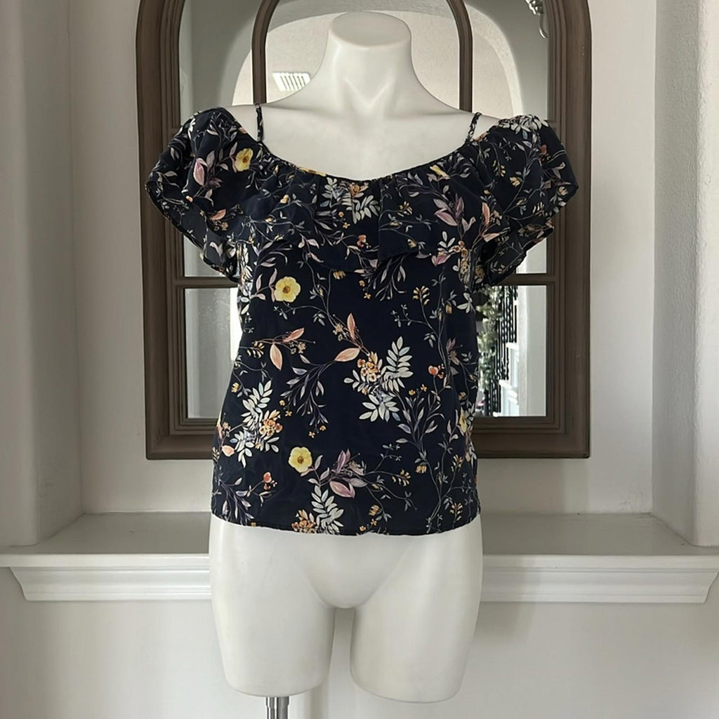 AMOUR VERT 100% Silk Floral Cold Shoulder Blouse, Blue Multi Size XS