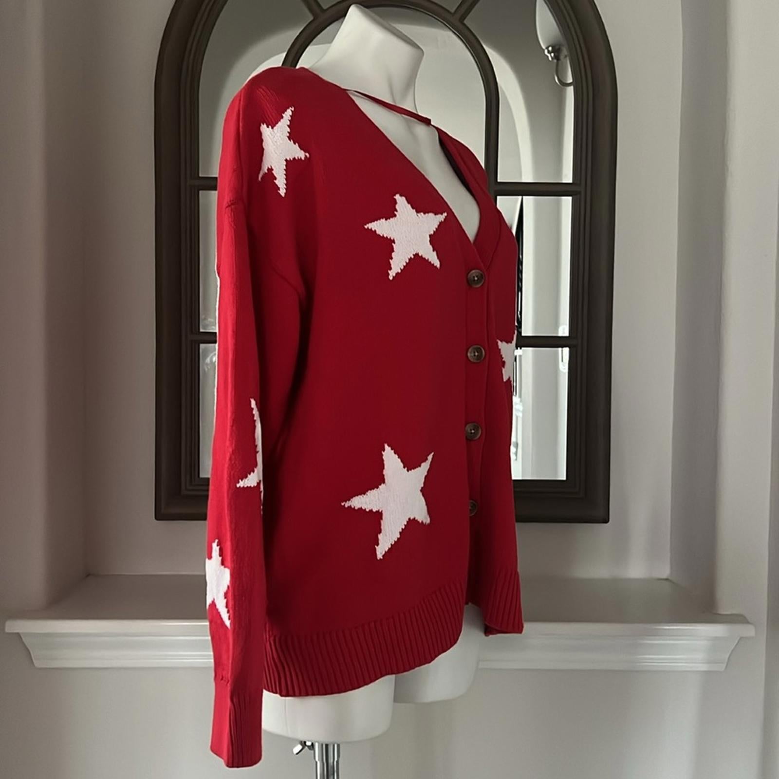 NEW Lane Bryant V-Neck Button-Front Star Cardigan Red/White Size 14/16