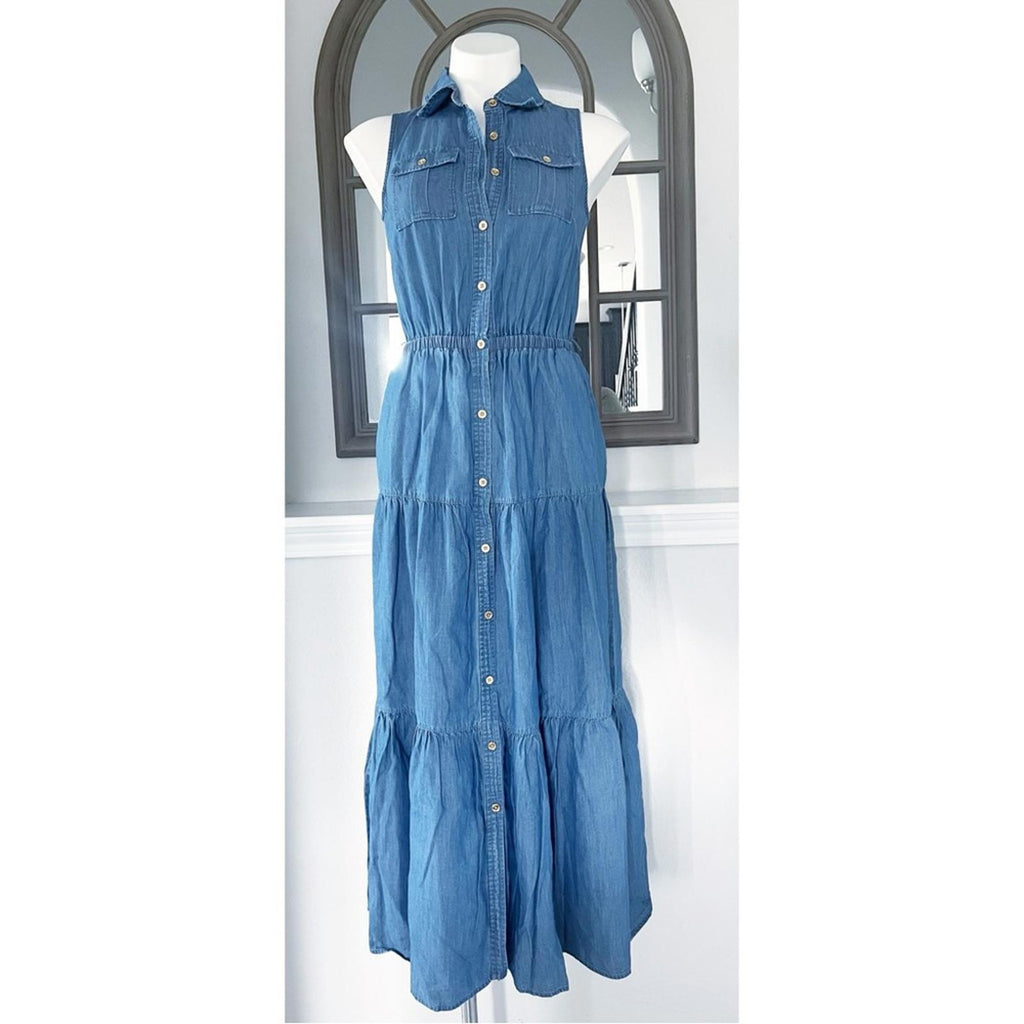 Michael Kors Chambray Tiered Ankle Dress in Light Cadet Wash, Size XS NWT $195