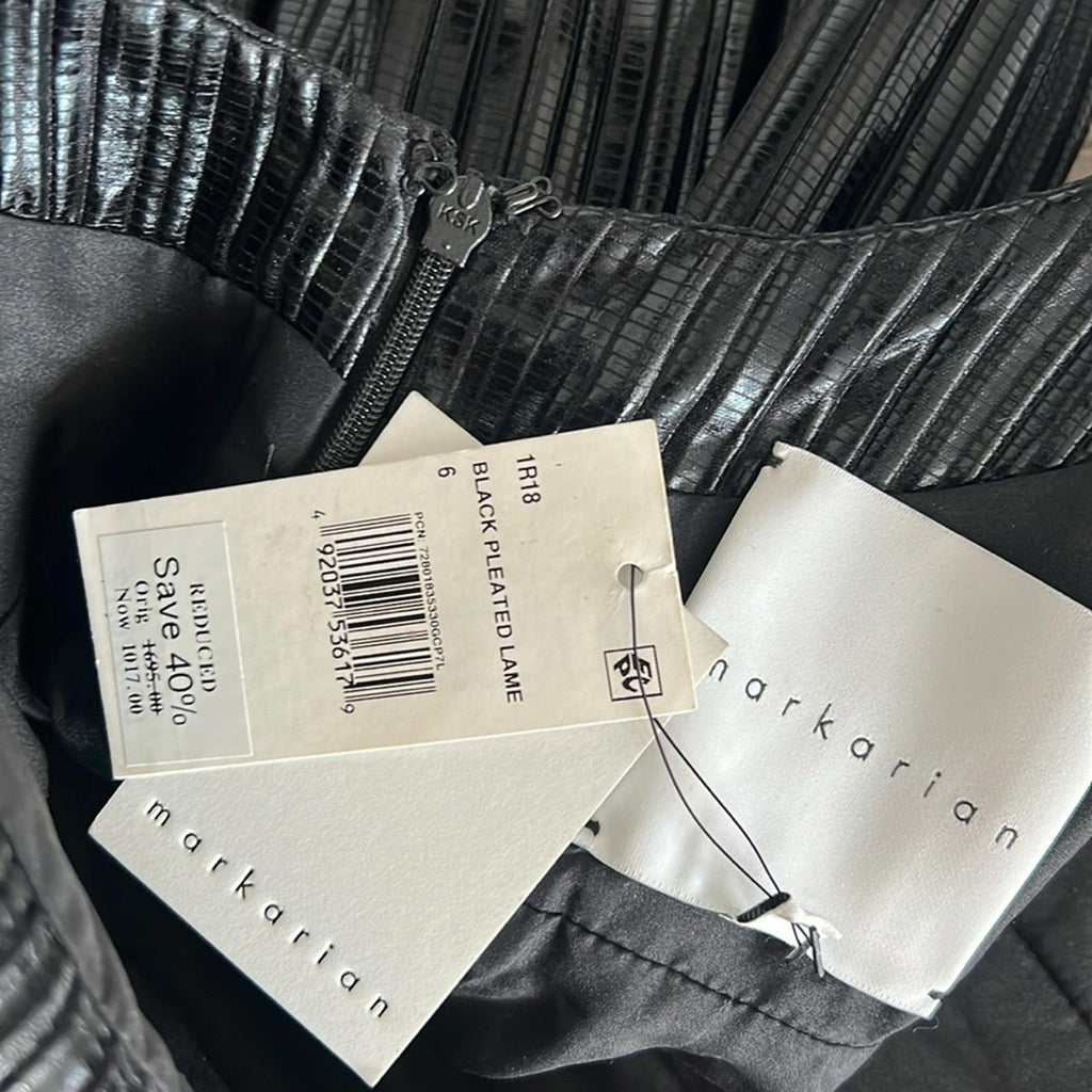 Markarian Imogen Pleated Midi Dress in Black Lame, NWT, Size 6, Retail $1695