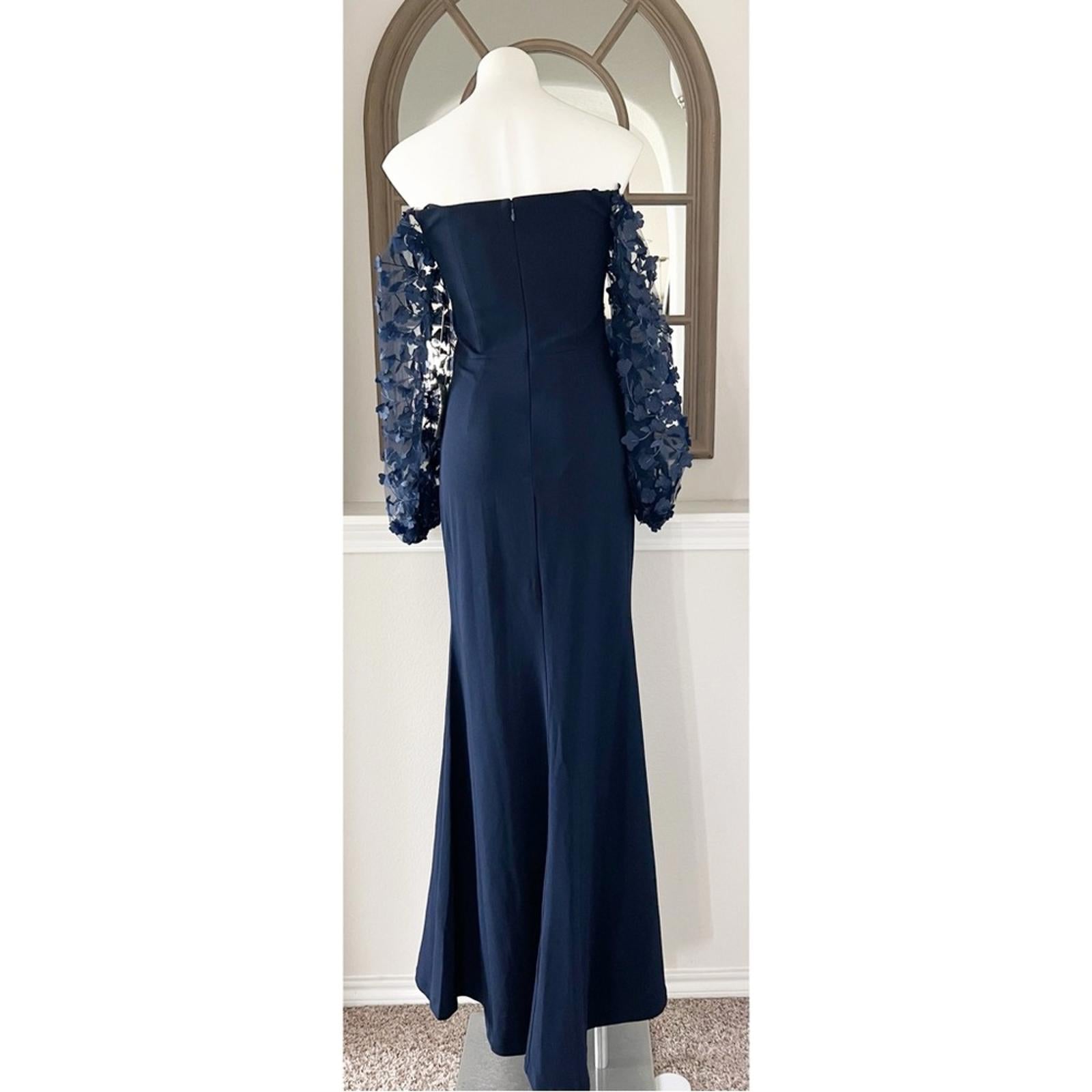 Eliza J. Off-the-Shoulder Mesh-Sleeve Gown in Navy, Size 4, New w/Tag