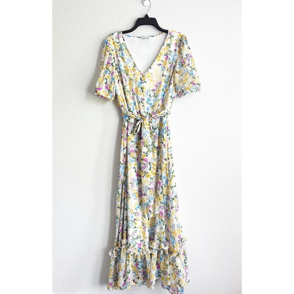 Calvin Klein Floral Chiffon Peasant Maxi Dress, Size 16 EXCELLENT Retail $139