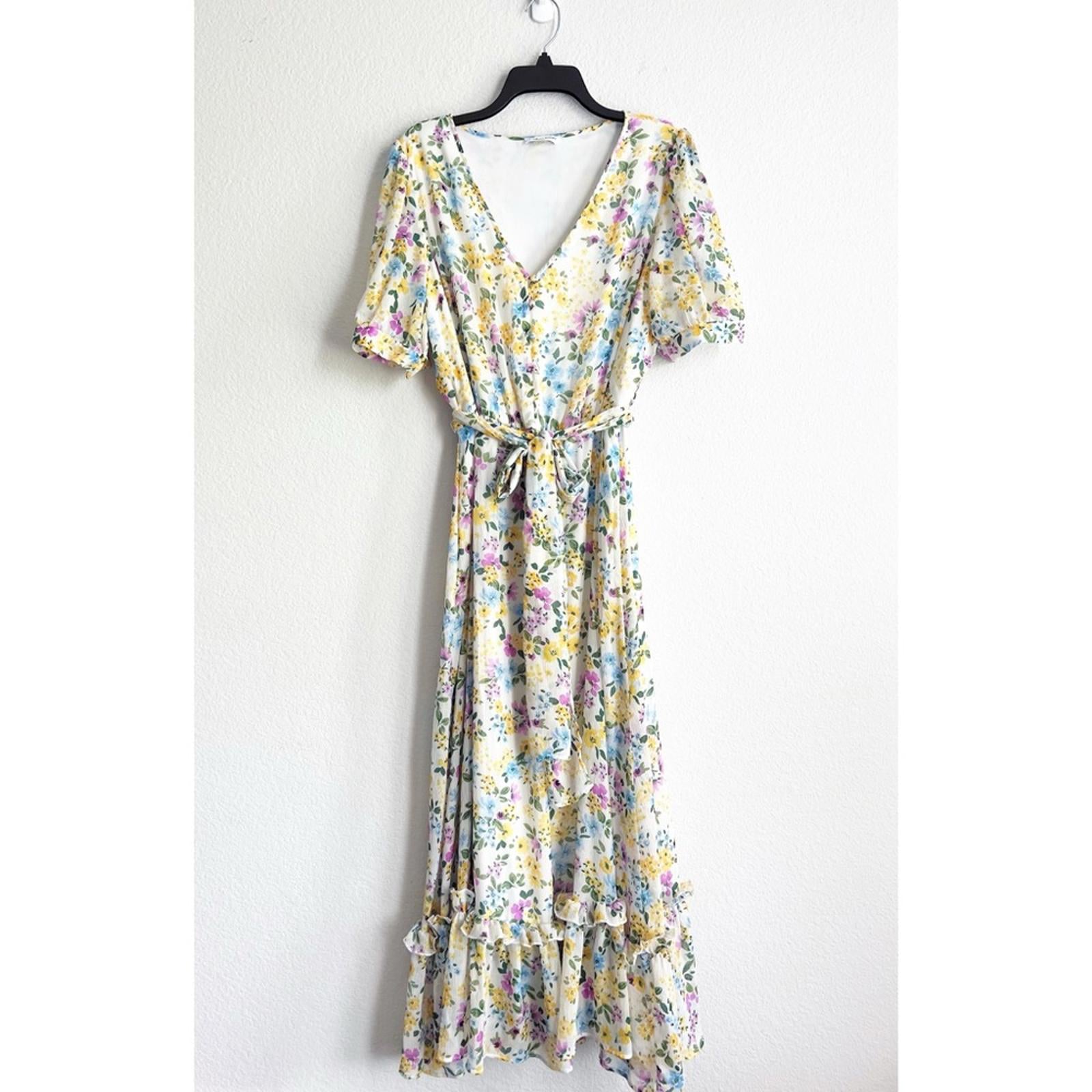 Calvin Klein Floral Chiffon Peasant Maxi Dress, Size 16 EXCELLENT Retail $139