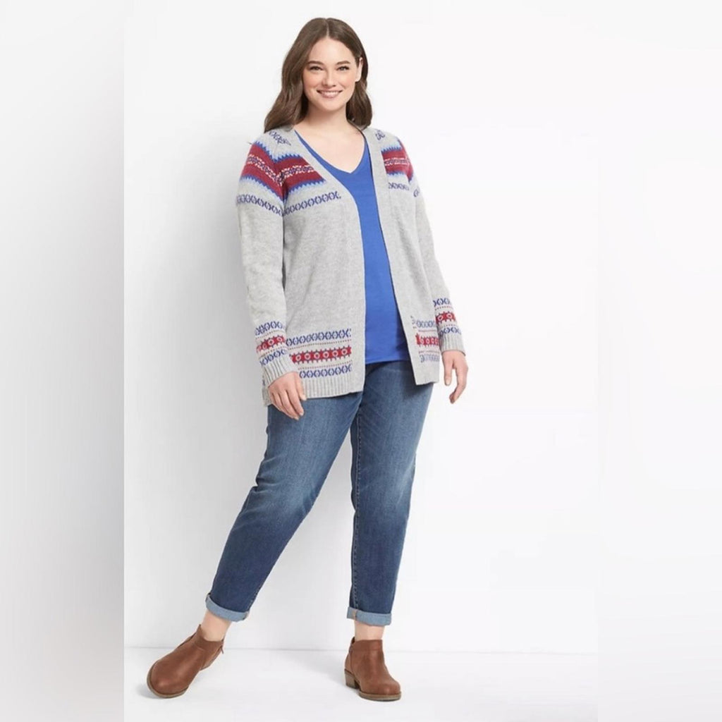 Lane Bryant Open Front Fair Isle Cardigan in Grey, Plus Size 14/16 EXCELLENT!