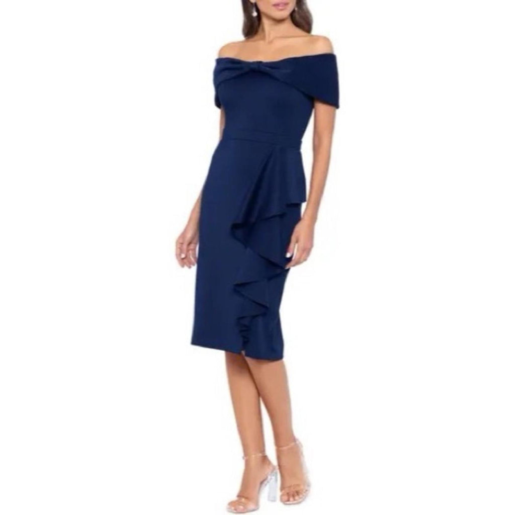 New XSCAPE Bow Off-the-Shoulder Scuba Knit Cocktail Dress, Navy Size 10 w/o Tag
