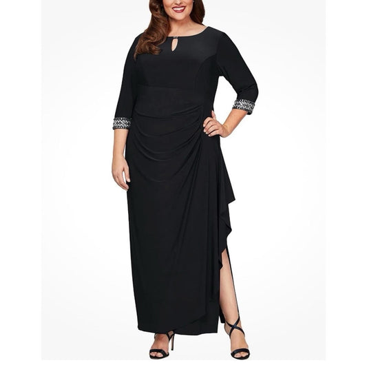 NWT Alex Evenings A-Line Dress w/Side Ruched Cascade Skirt, Black Size 18W $239