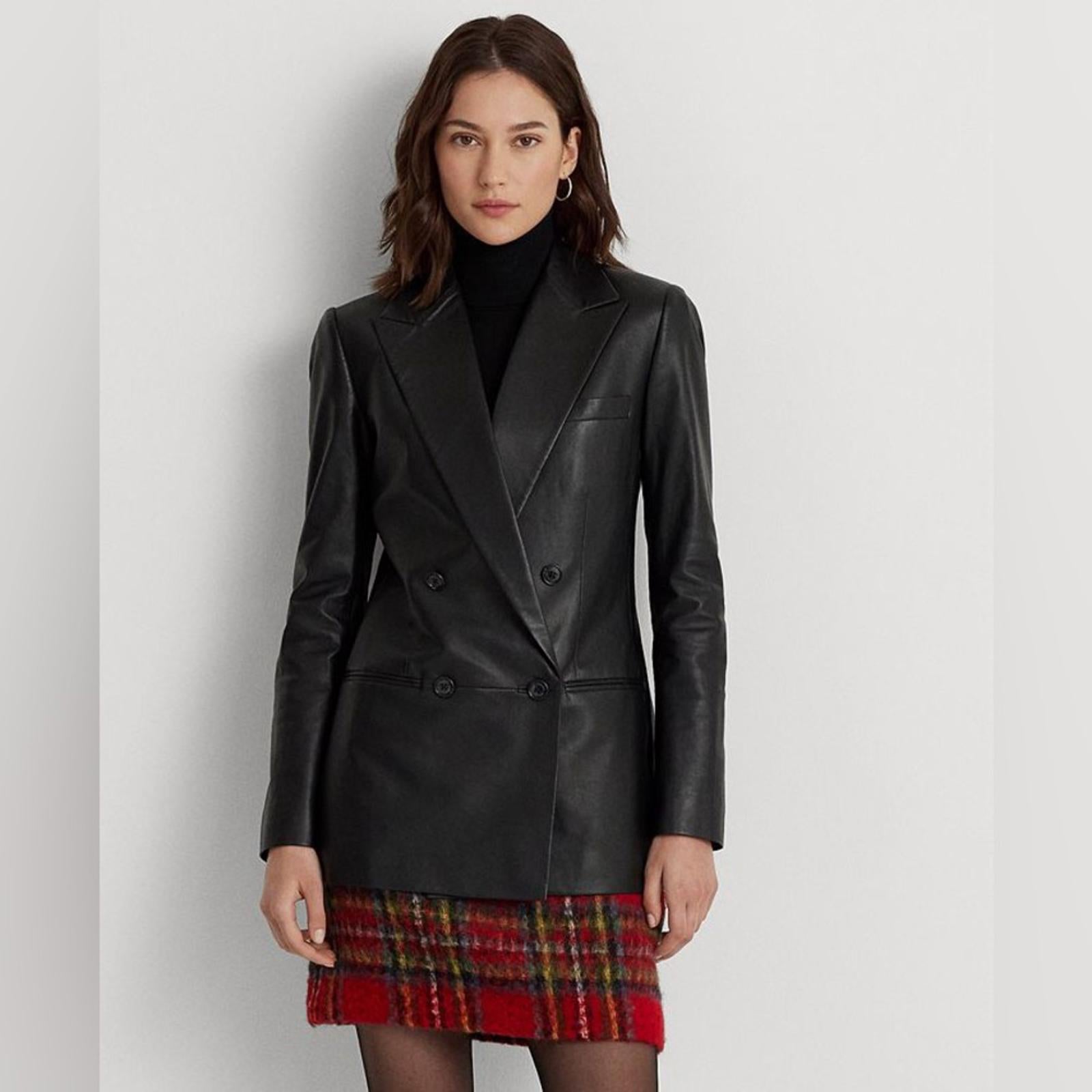 Ralph Lauren Double-Breasted Lambskin Blazer in Black, Size 14 New w/Tag $795