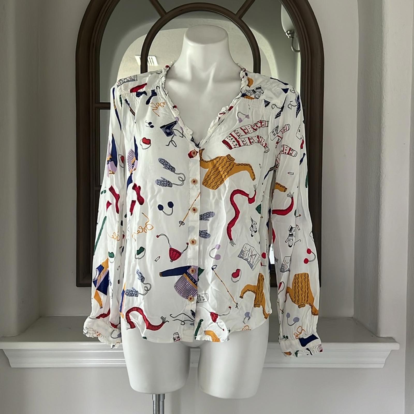 Anthropologie’s Maeve Marisol Ruffled Winter Ski Print Blouse, Size 8