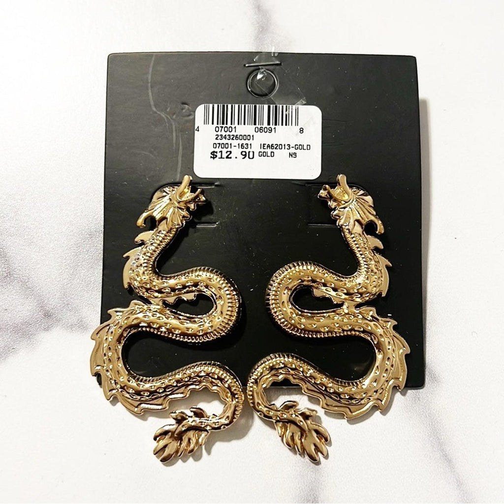 NEW Dragon Gold Metal Earrings, NEW w/Tag
