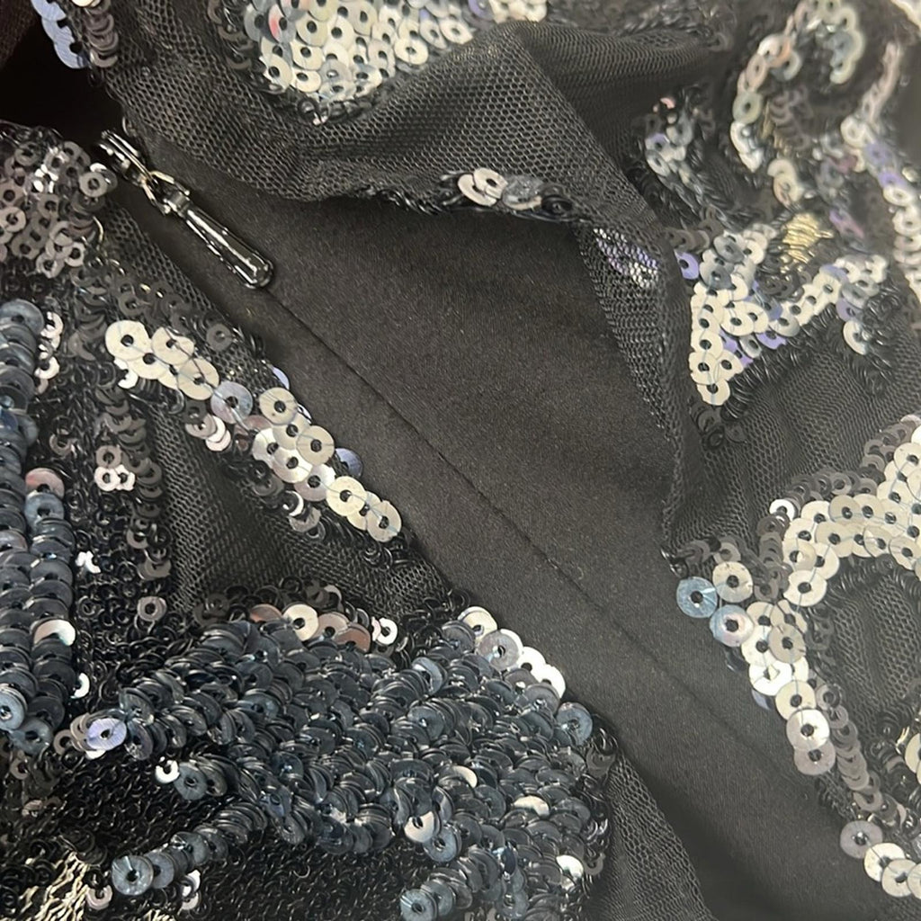 Badgley Mischka Midnight Swirl Long Formal Dress, Black Silver Size 10 $850