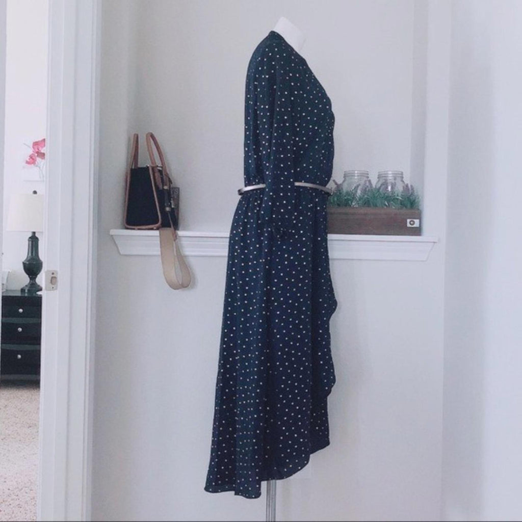 Laundry Faux Wrap Hi-Low Hem Maxi Dress in Navy/Gold Stars, NWT