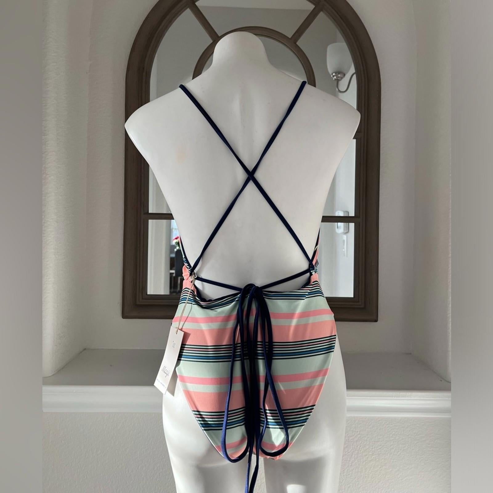 Maaji Safari Reversible Plunge One-Piece Swimsuit Stripe/Solid, Blue New w/Tag