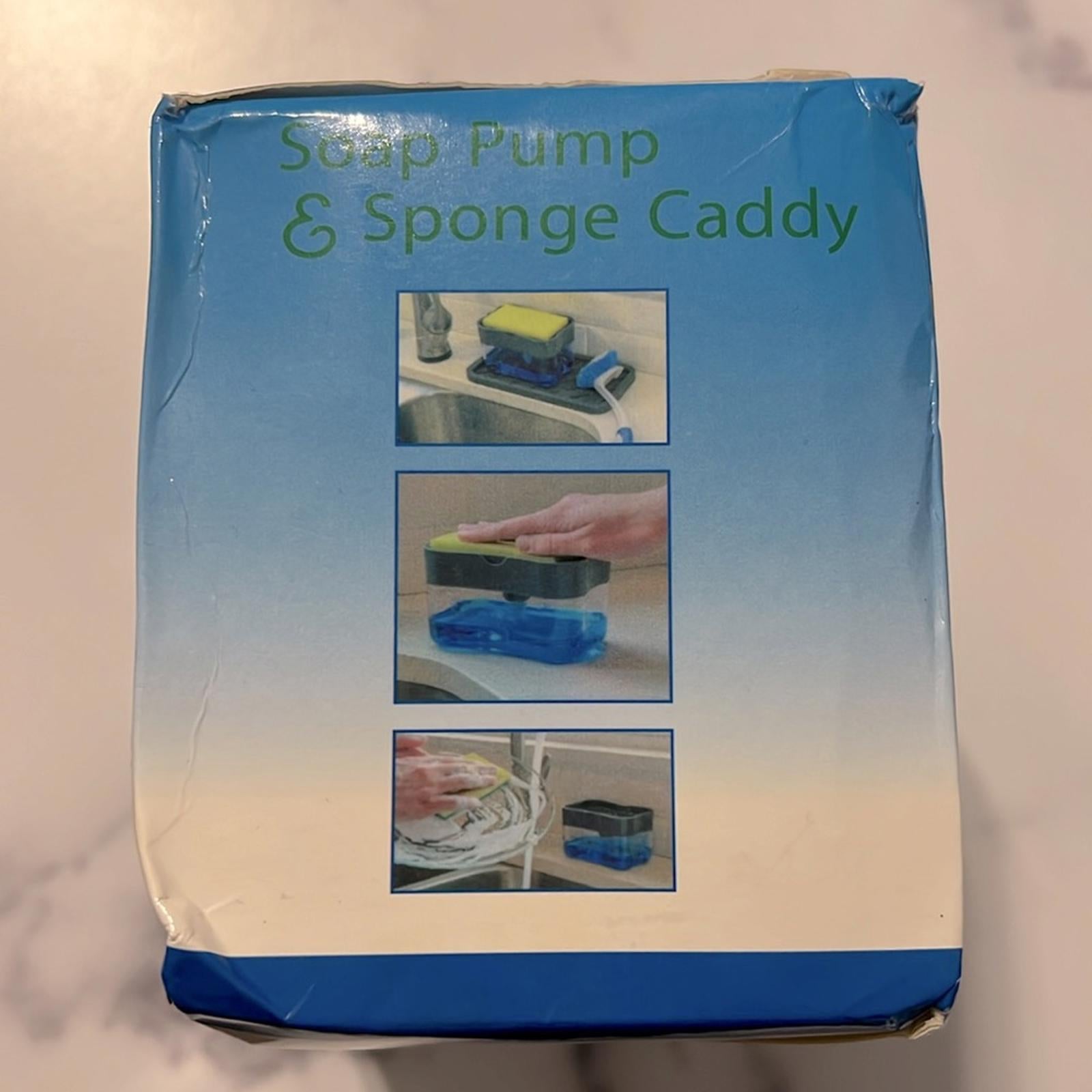Dish Soap Dispenser & Sponge Holder for Kitchen Sink + Sponge, 13oz, Plastic NEW