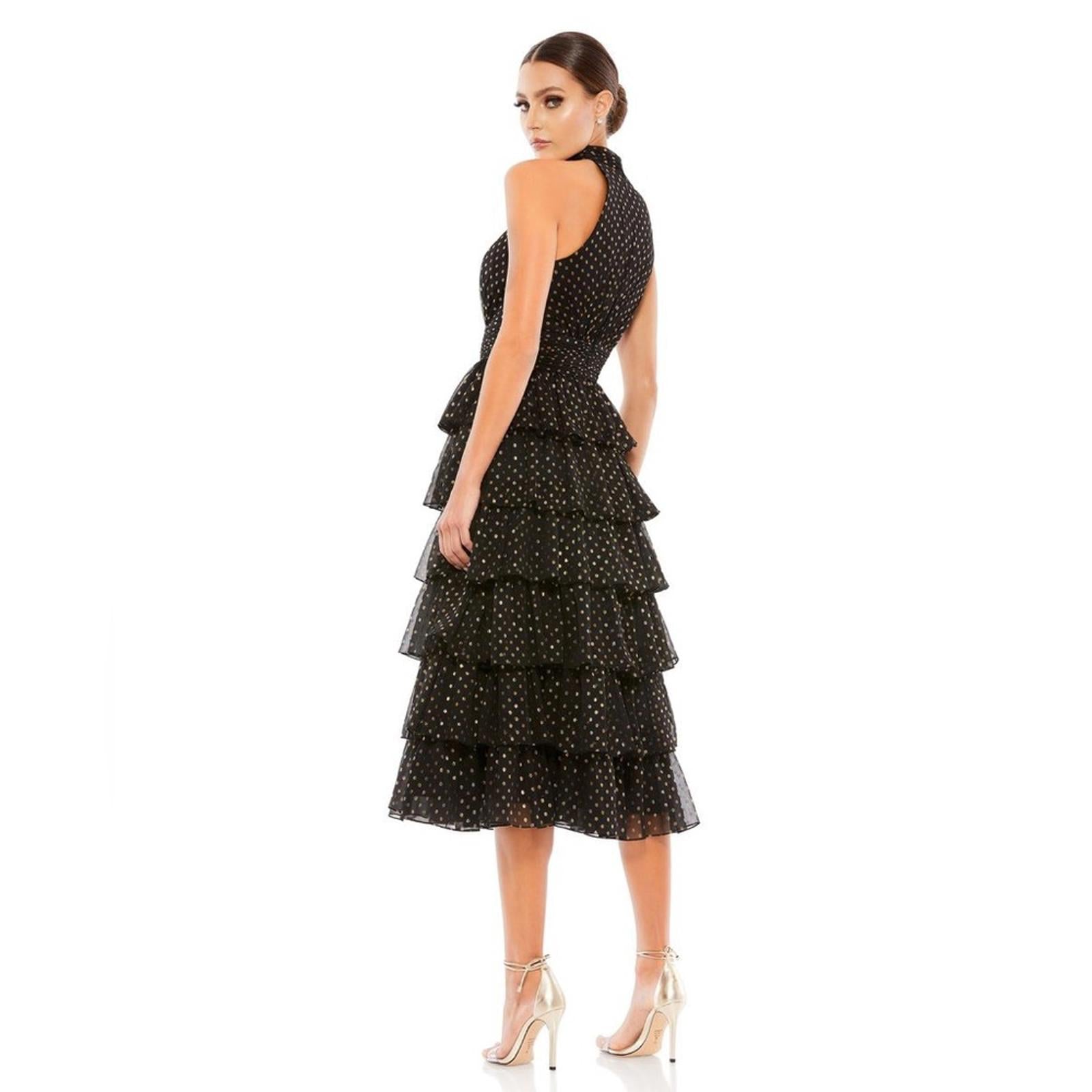Mac Duggal Black Layered Polka Dot Cocktail Dress in Black/Gold, NWT, Size 8
