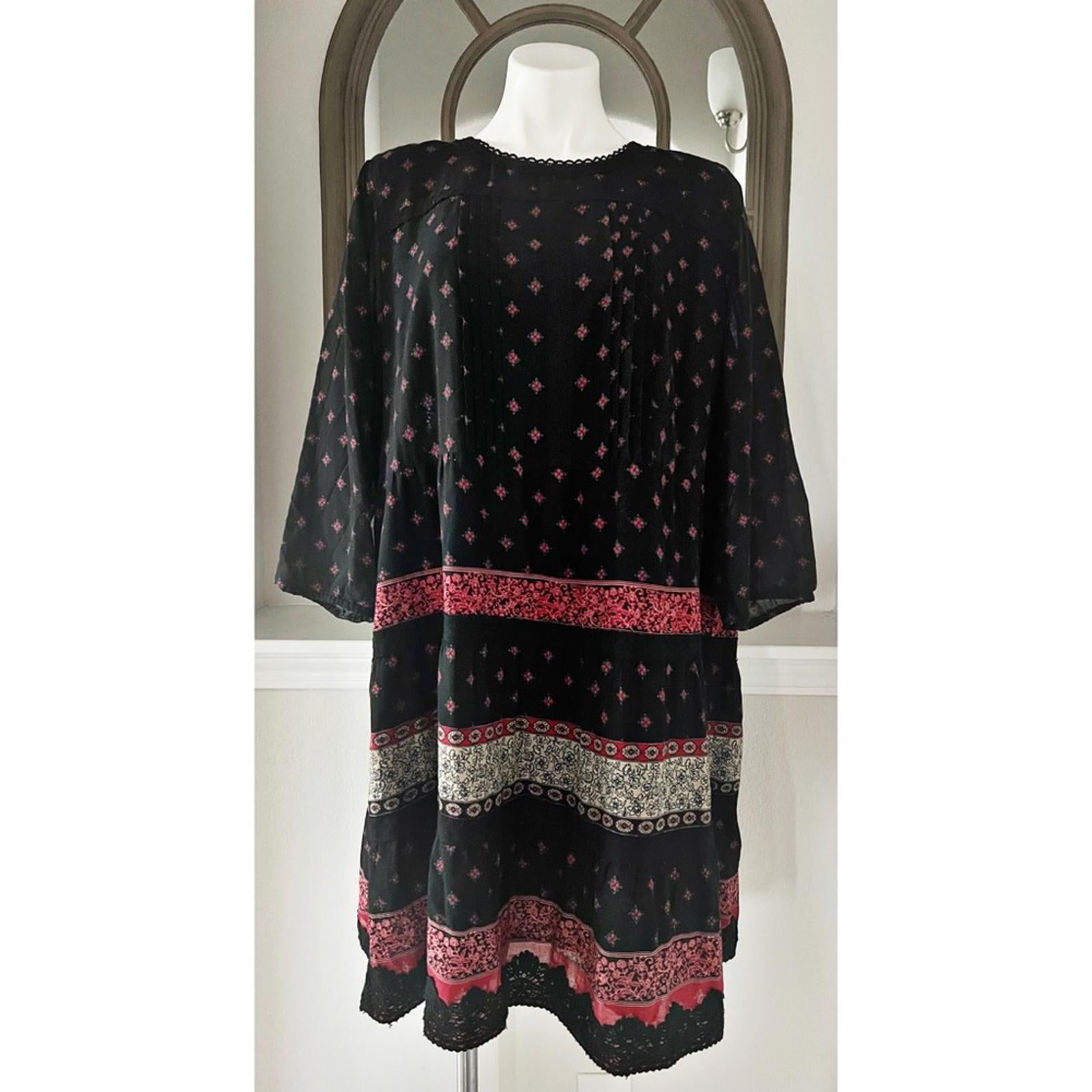 J. Jill Pin-tucked Lace Trim Dress , Black Red Size XL Retail $119