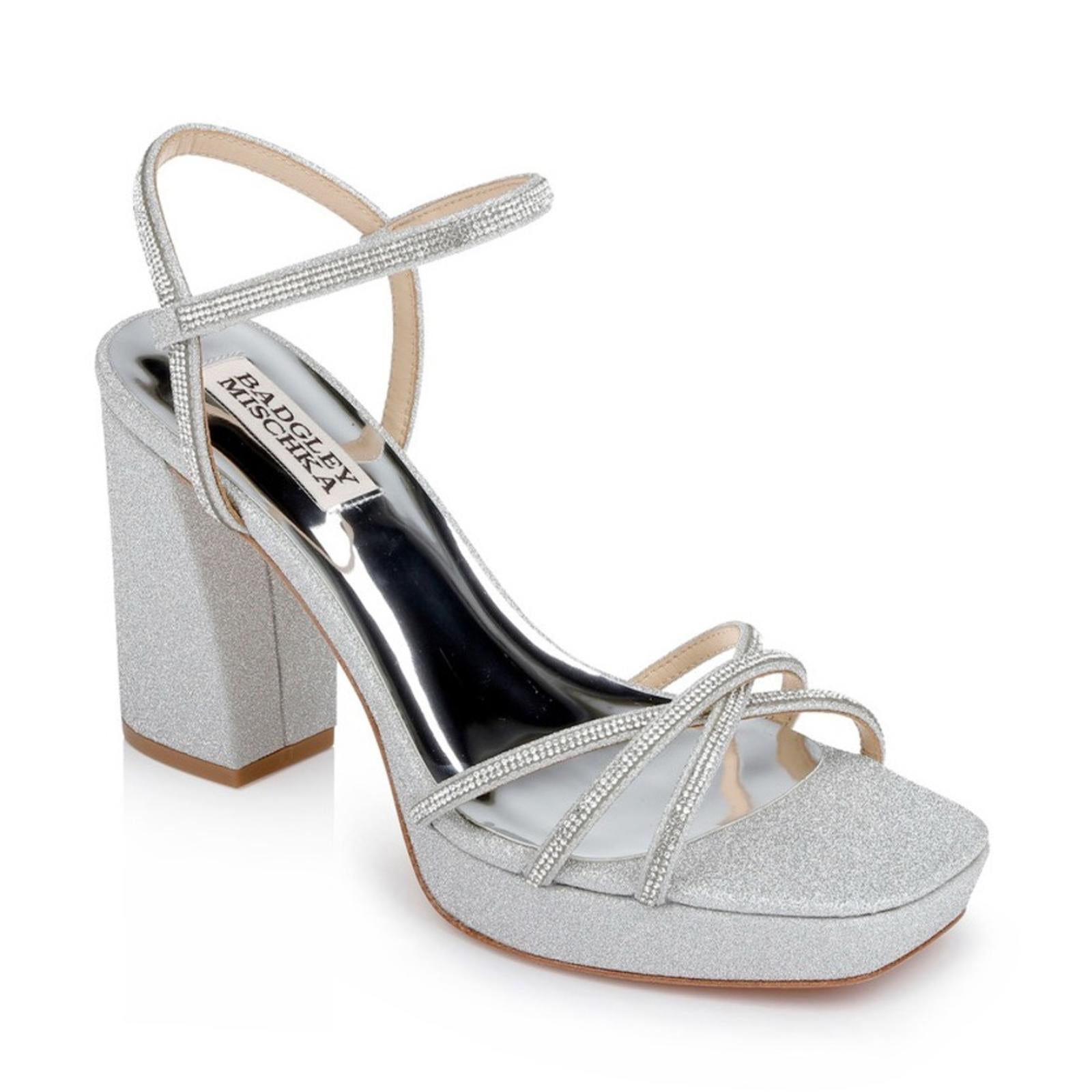 Badgley Mischka Frida Ankle Strap High Heel Sandals in Silver Size 7.5 New $245