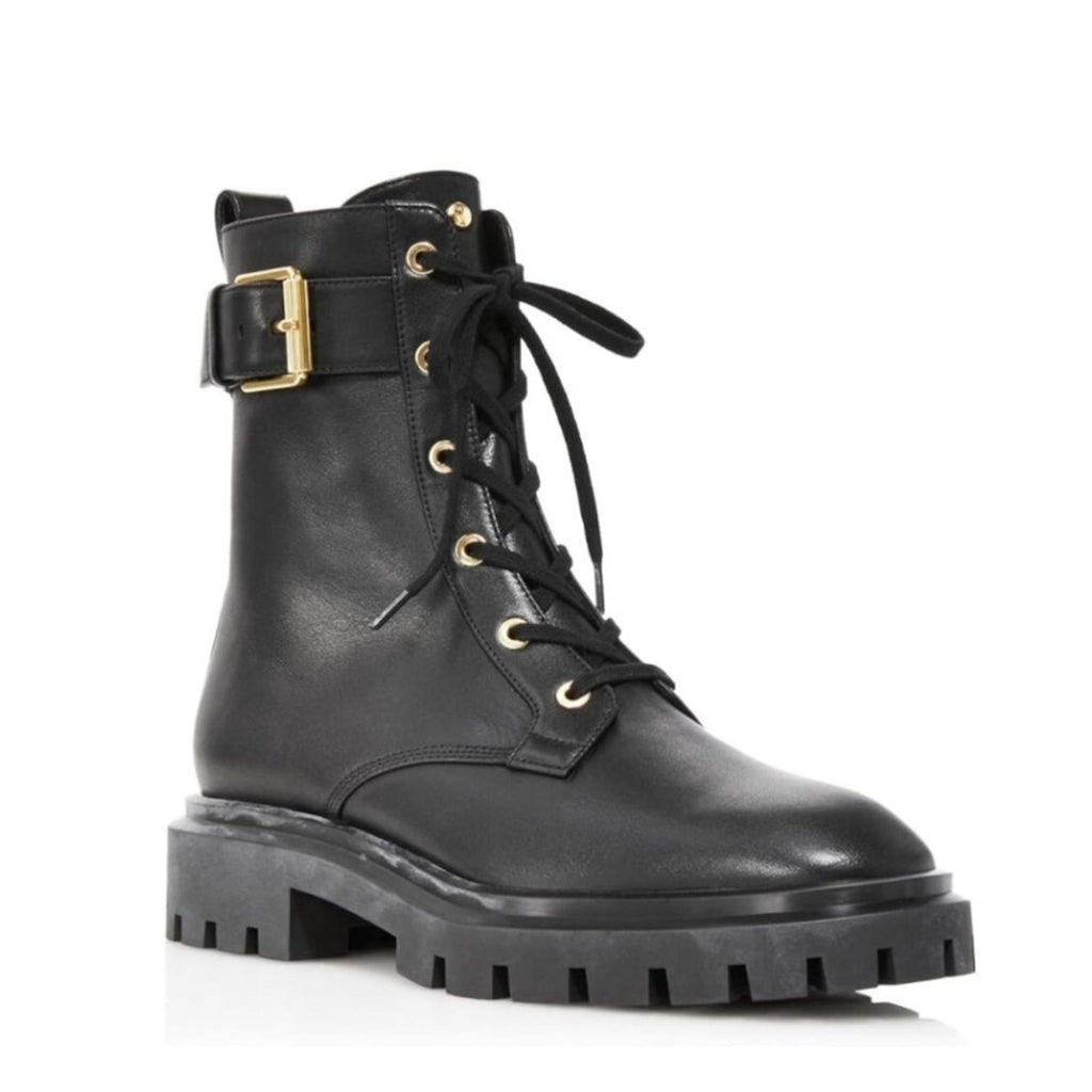 Stuart Weitzman Ultra Lug Sole Buckle Combat Boots in Black, US 10/EU 40.5 NWT