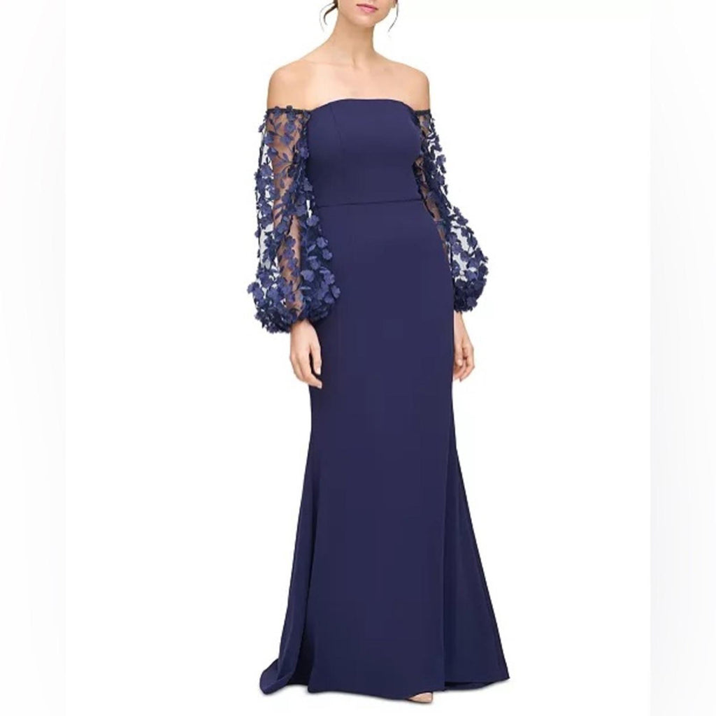 Eliza J. Off-the-Shoulder Mesh-Sleeve Gown in Navy, Size 4, New w/Tag