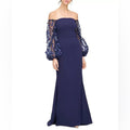 Eliza J. Off-the-Shoulder Mesh-Sleeve Gown in Navy, Size 4, New w/Tag