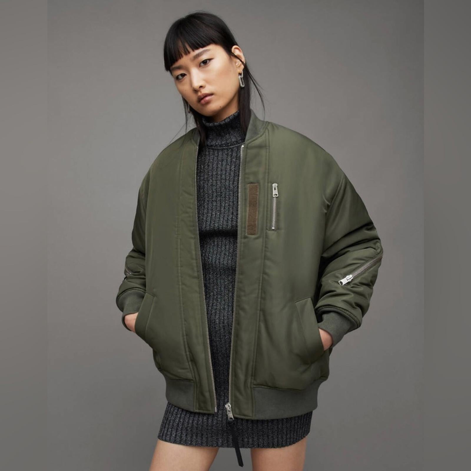 All Saints Scout Ruched Bomber Jacket in Khaki Green, Size L New w/Tag