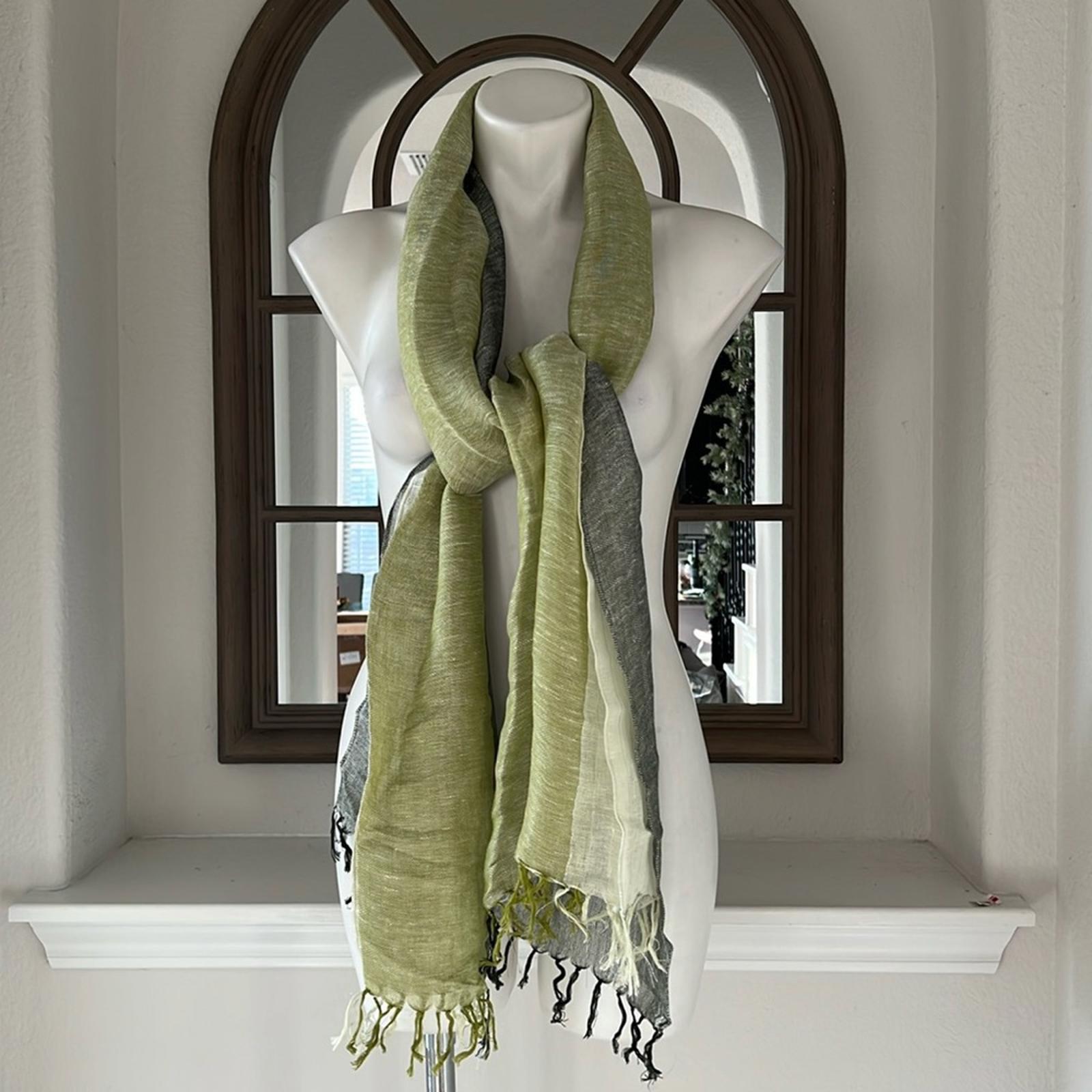 Linen Scarf with Feather Fringe, Green, Grey EXCELLENT!