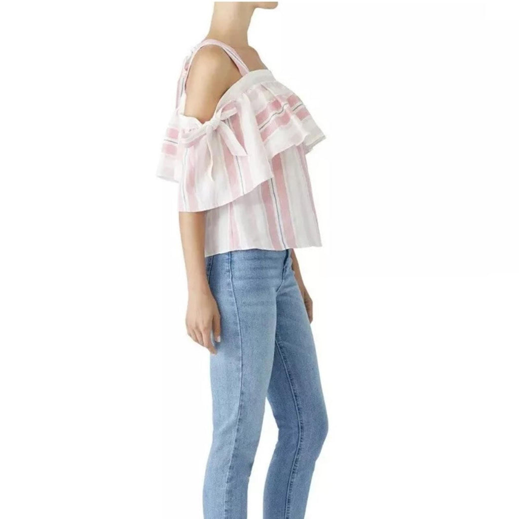 Parker 100% Linen Striped Scotlyn Off-the-Shoulder Top, Pink/White Size S Retail