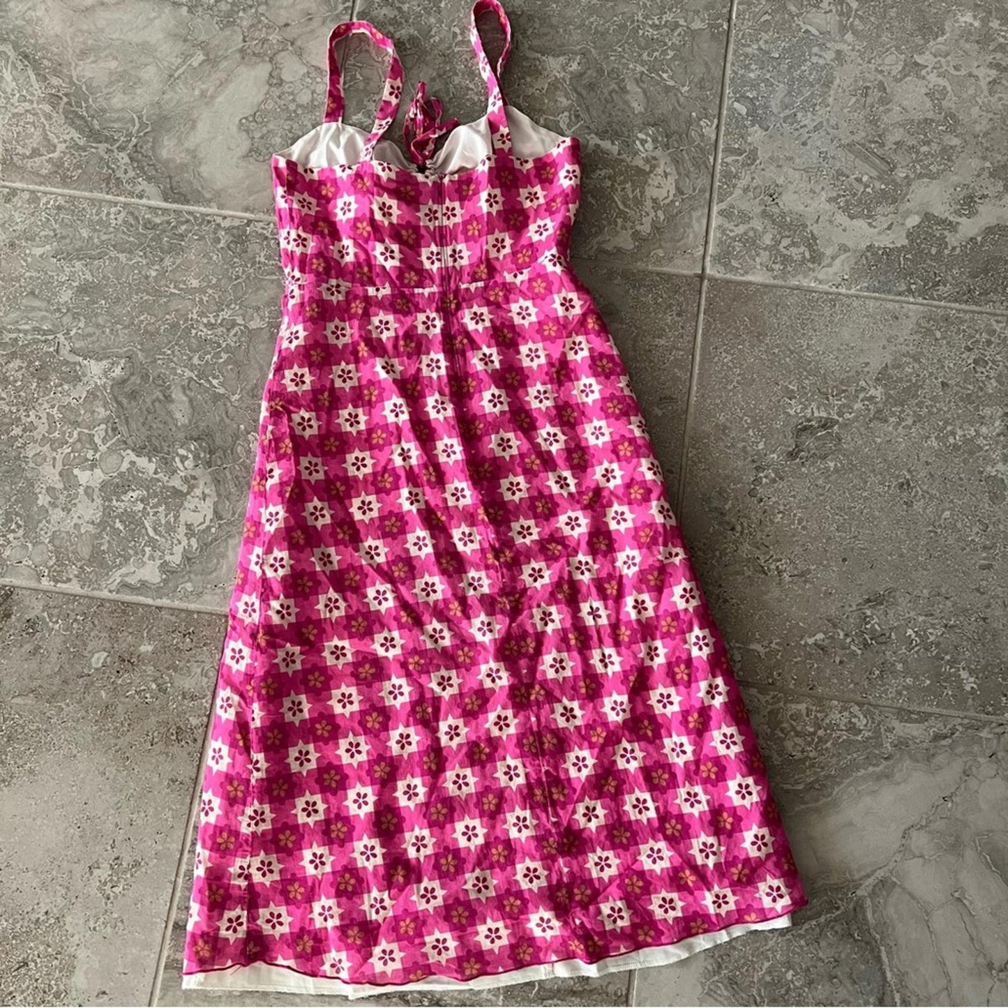 $518 Anna Sui Utopian Gingham Cotton Slip Dress in Neon Pink, Size 2