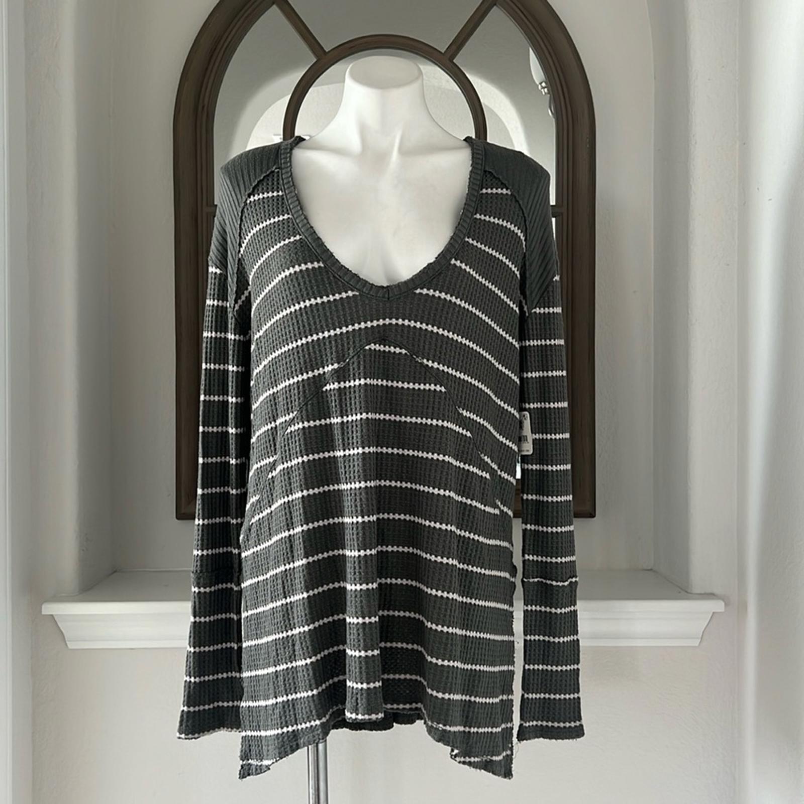 Free People Sunset Park Grey Oversized Striped Waffle Thermal Sweater Size M NWT