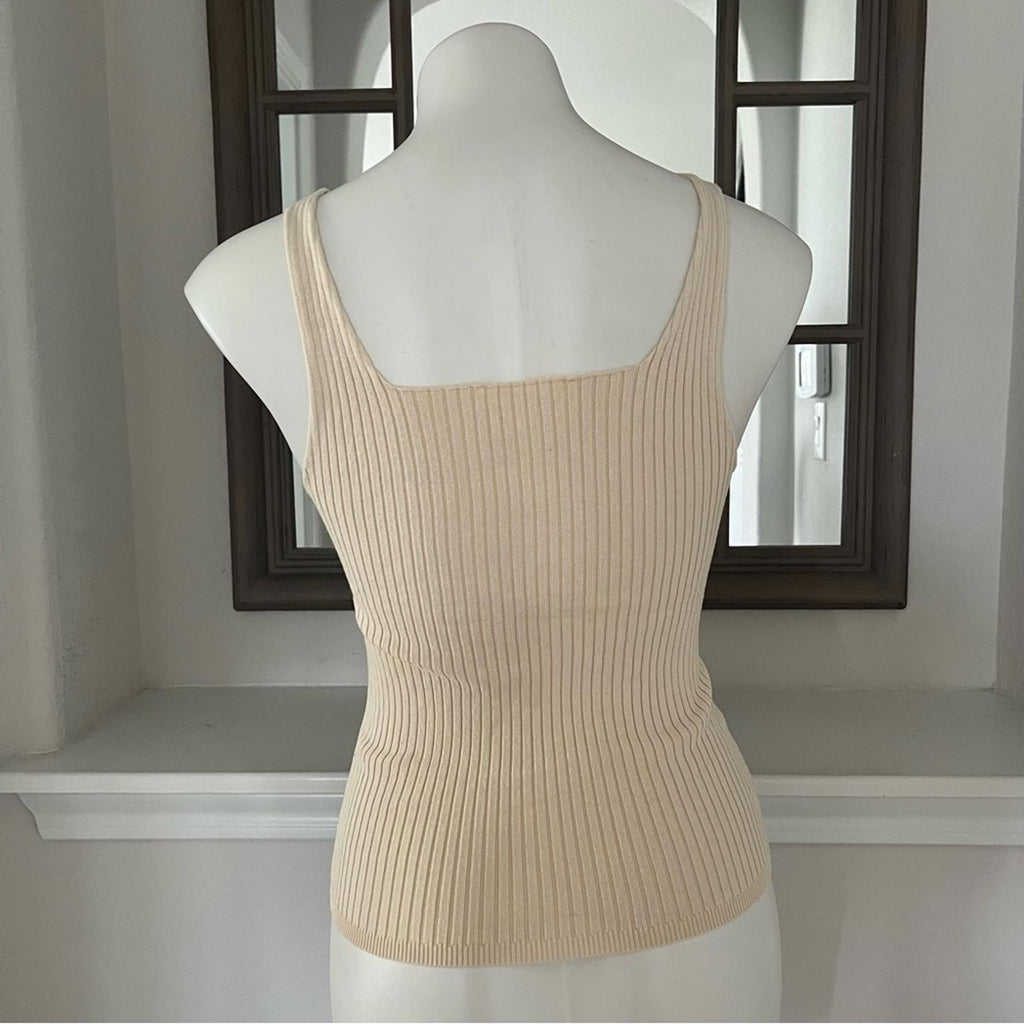 Line & Dot xRevolve Beige Ribbed Cropped Tank Top with Button Detail, Size S