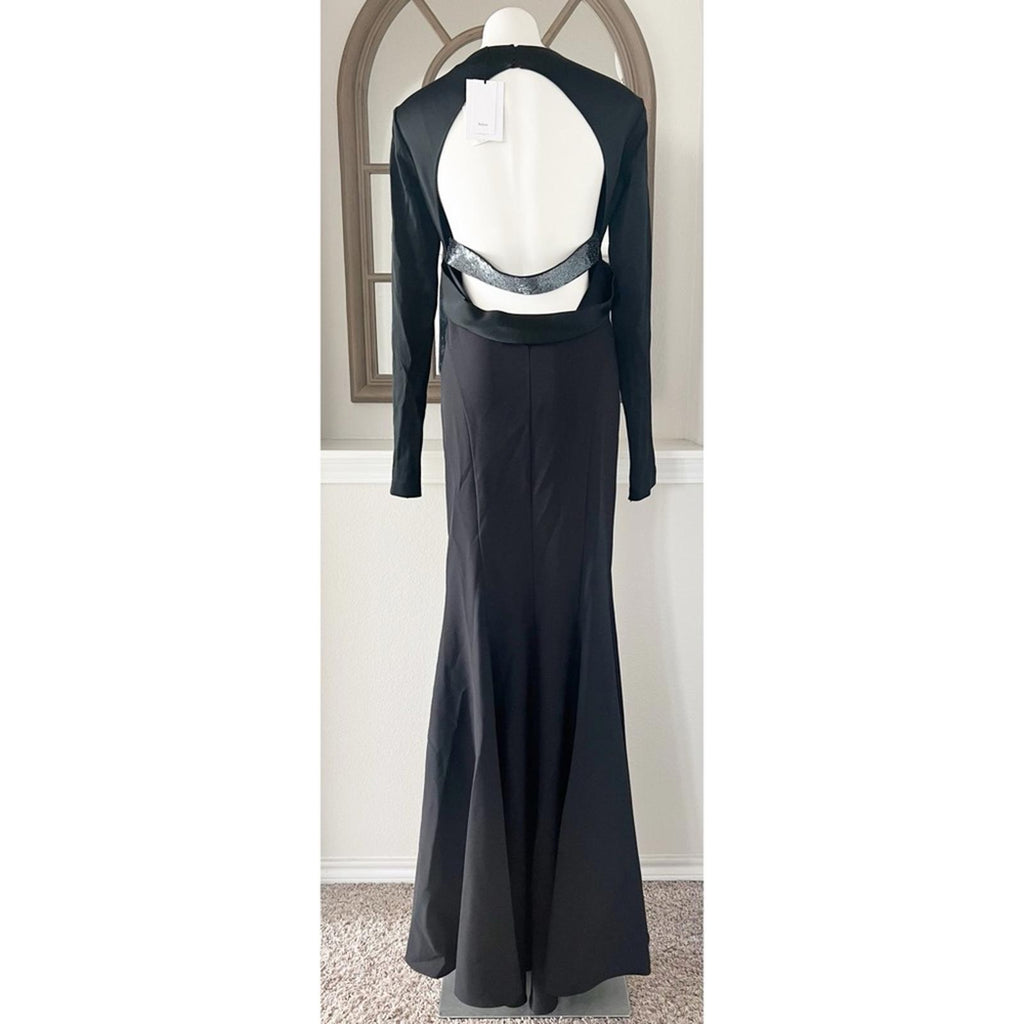 Safiyaa BLACK Cutout Beaded Belt Gown with Gun Metal New