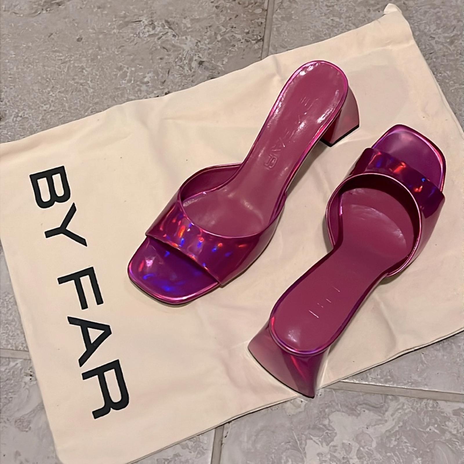 BY FAR Romy Lac Square Toe Block Heel Sandals Iridescent Fuchsia Size 37 NWT
