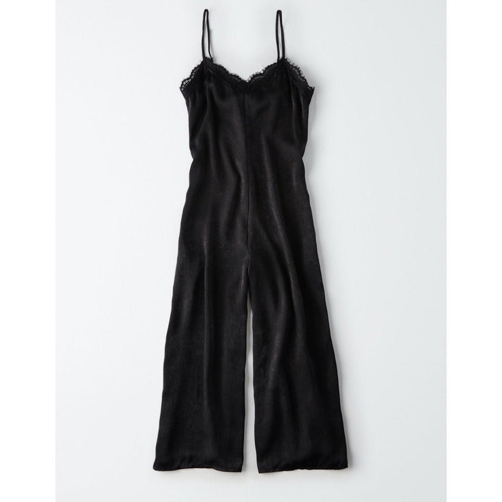 Dee Elle Satin Lace Trim Jumpsuit in Black, NEW, Size L