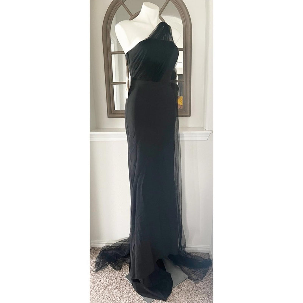 HEBEOS Sheath Stretch Crepe Ruched One-Shoulder Sweep/Train Dress, Black