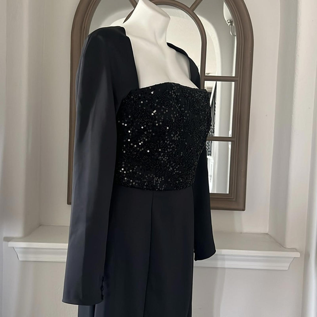 Amsale Sequined Beaded Bodice Gown, Stretch Crepe in Black, Size 10 NEW w/Tag