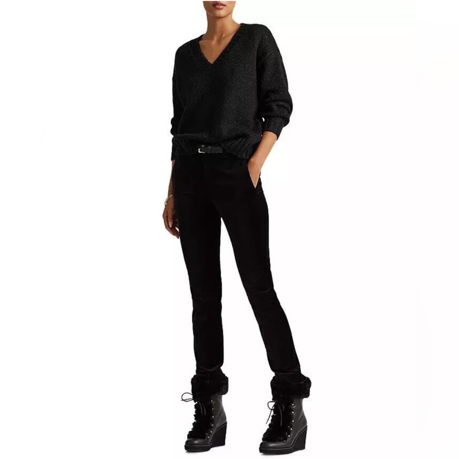 Lauren Ralph Lauren Metallic V-Neck Sweater in Black, Size M New w/Tag