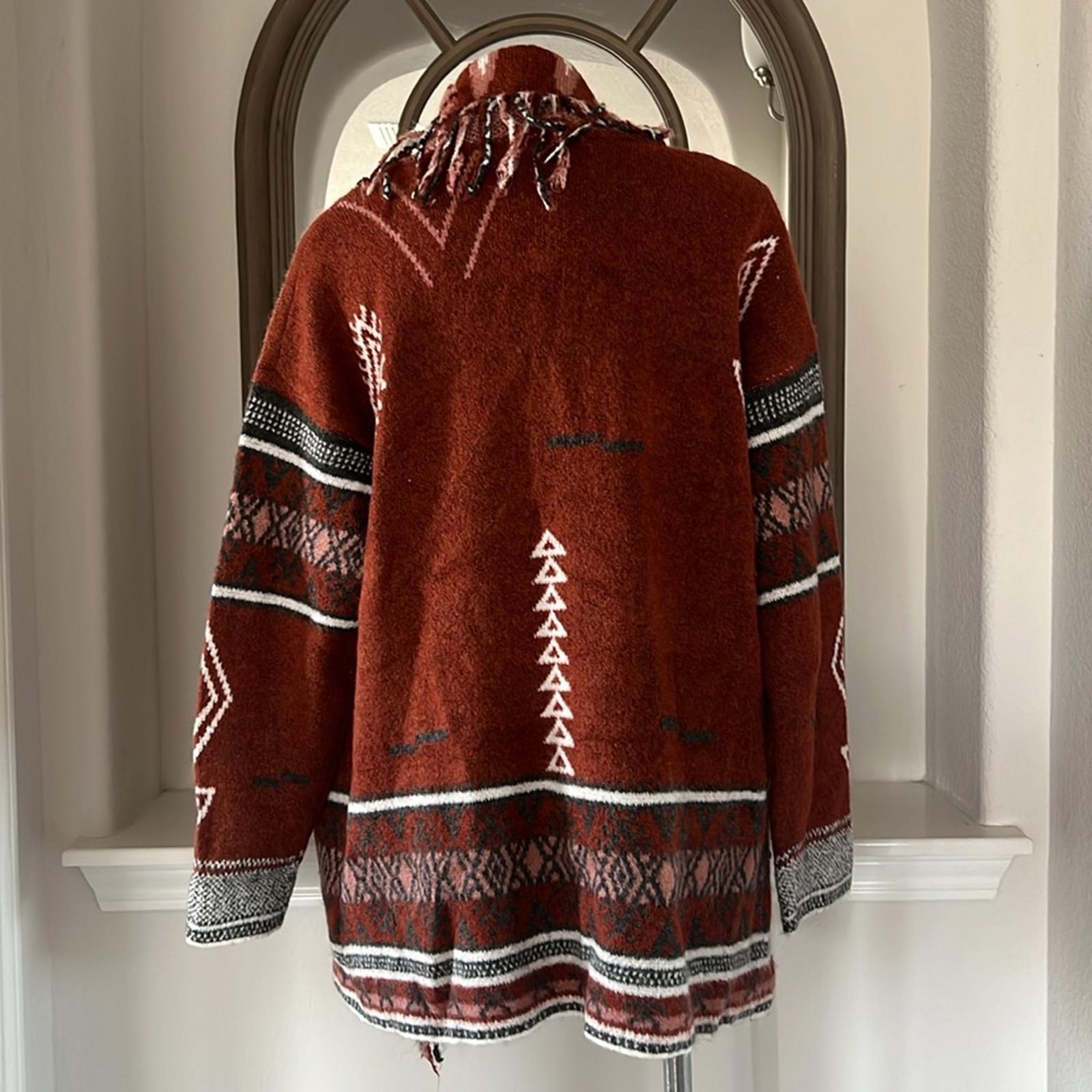 Doe & Rae Aztec Open Front Fringe Cardigan Sweater Brown Multi Size L EXCELLENT!